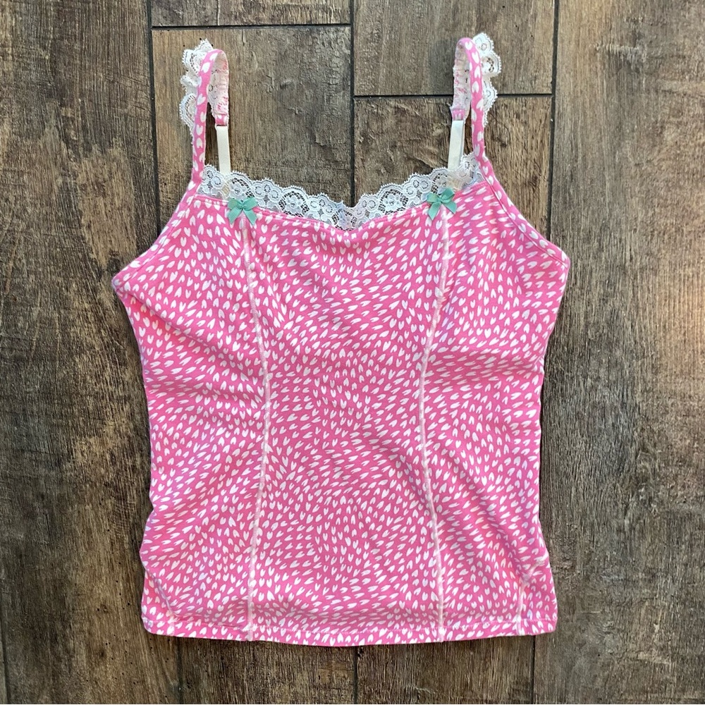 betsey johnson y2k vintage pink & white heart lacy cami with mini pink bows